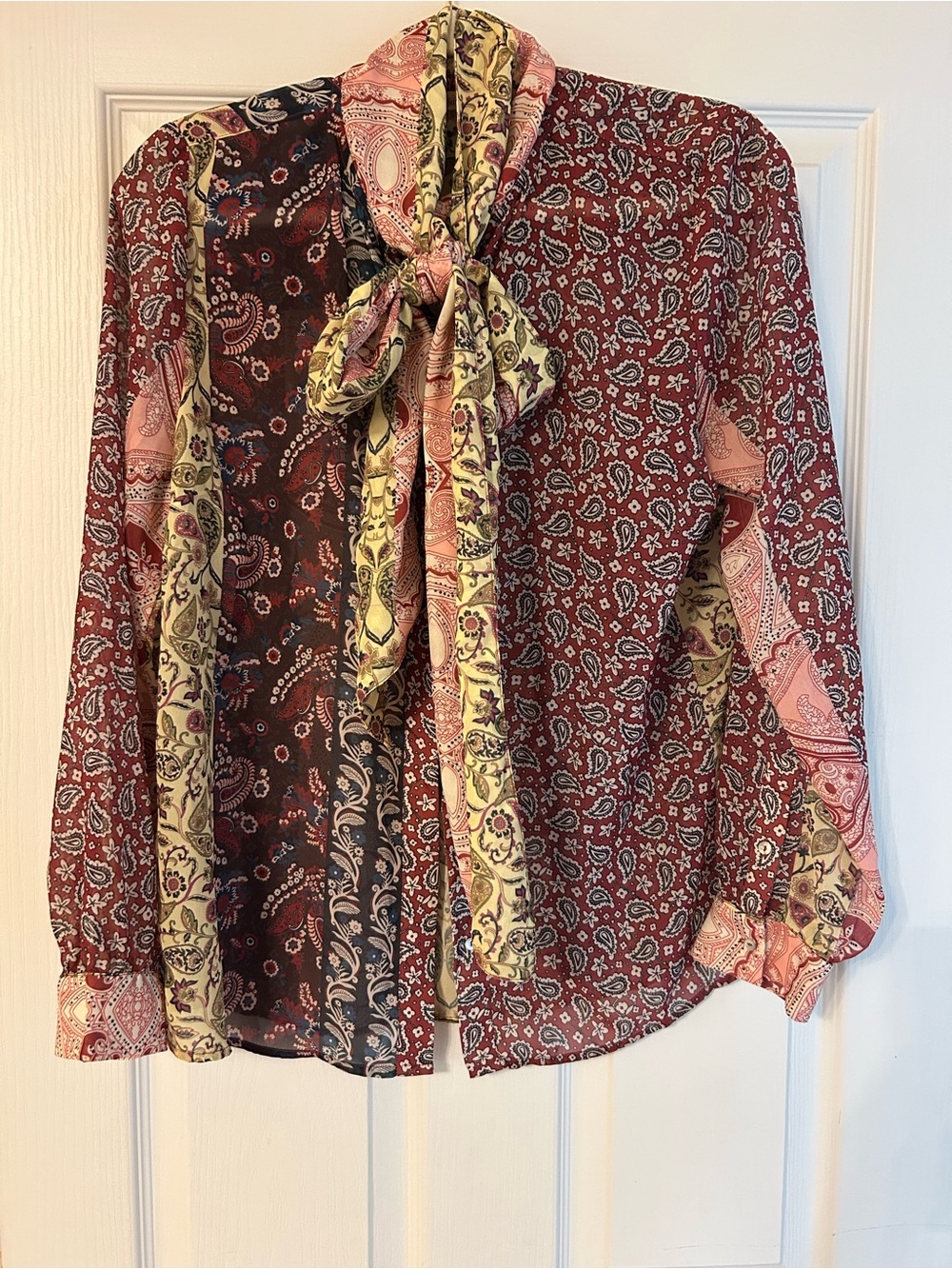 Soft Surroundings Red Paisley Mixed-Print Tie-Neck Blouse